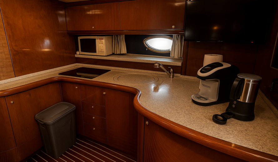 Luxury yacht Diva 60ft interior kitchen and galley in Cancun private yacht rental