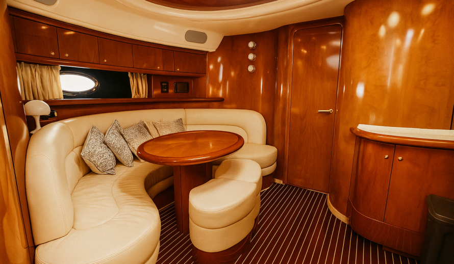 Luxury yacht Diva 60ft interior salon lounge in Cancun private yacht rental
