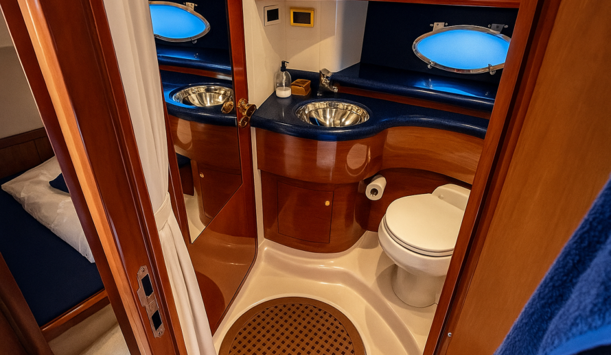 Luxury yacht Diva 60ft bathroom interior in Cancun private yacht rental