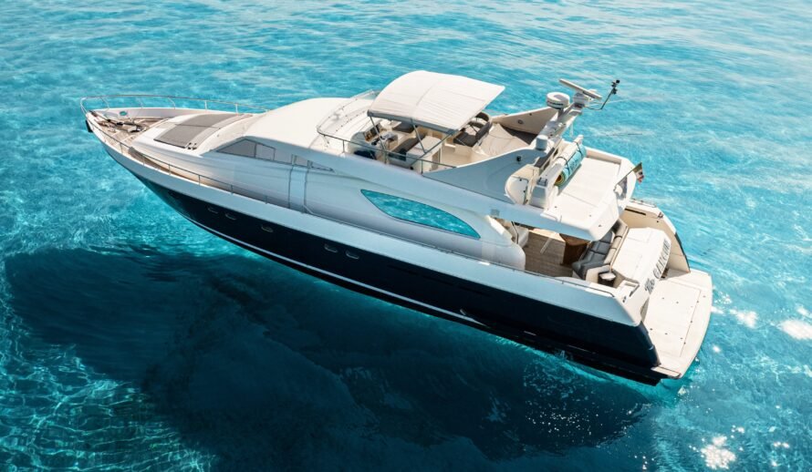Ferretti 72 yacht rental in Cancun aerial view cruising in Caribbean sea
