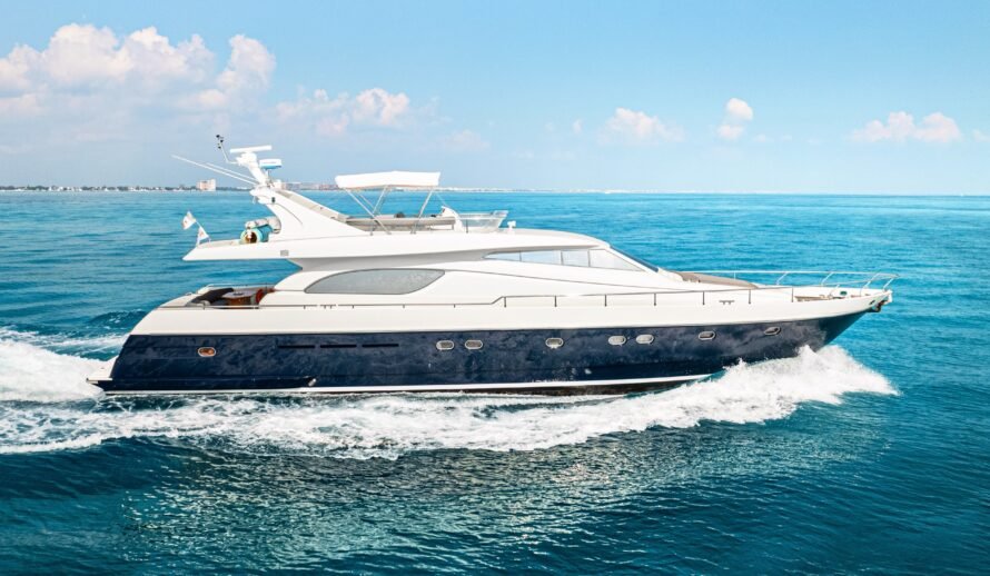 Ferretti 72 yacht rental in Cancun cruising on Caribbean sea exterior view