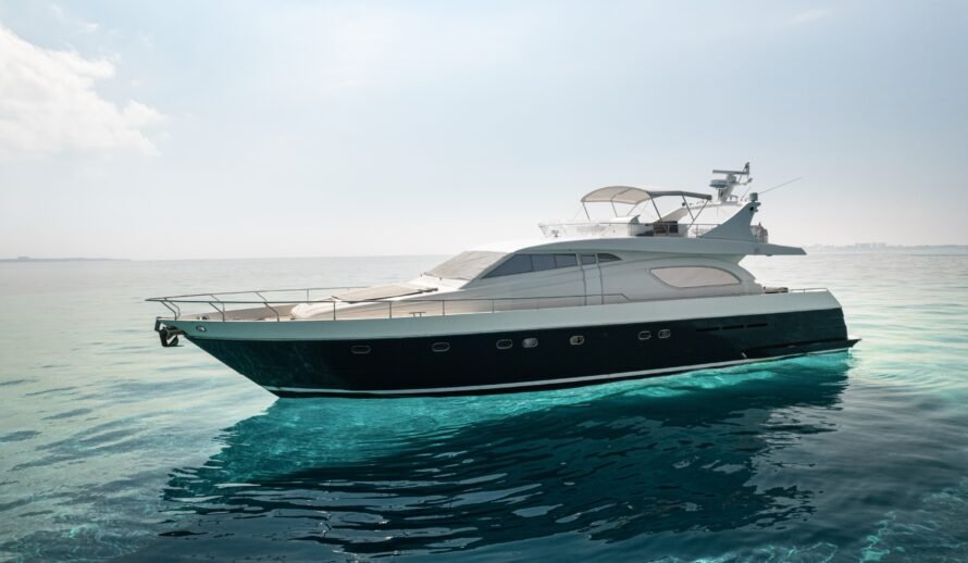 Ferretti 72 yacht rental in Cancun cruising in open Caribbean sea