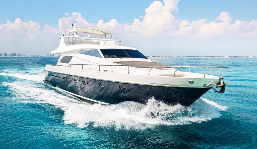 Ferretti 72 yacht cruising at speed in Cancun Caribbean waters
