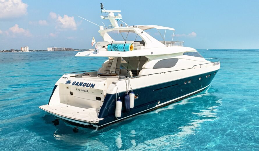 Ferretti 72 yacht rental in Cancun aerial view in turquoise Caribbean water