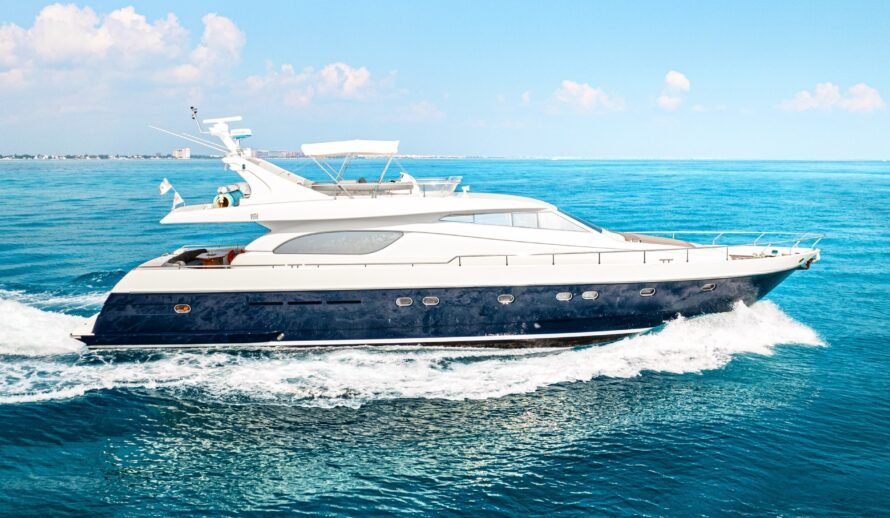 Ferretti 72 yacht side view cruising in Cancun Caribbean sea