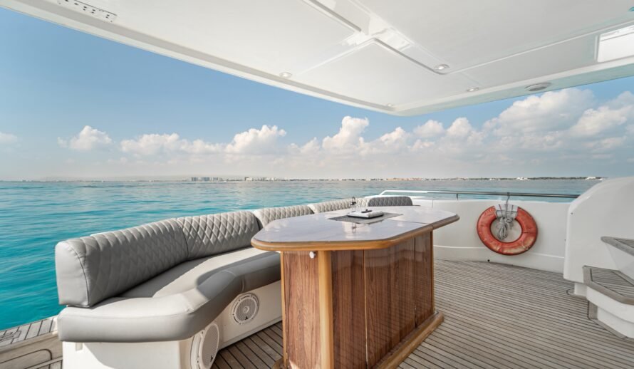 Ferretti 72 yacht deck seating area in Cancun with ocean view