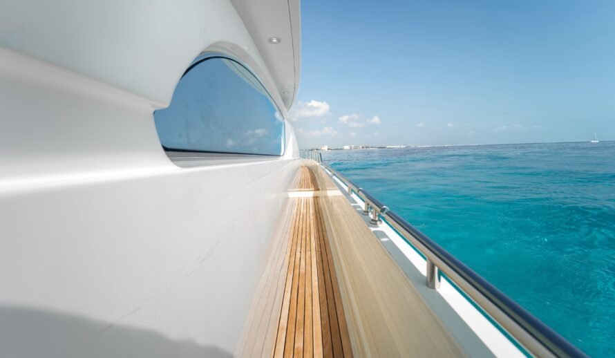 Ferretti 72 yacht side walkway with ocean view in Cancun Caribbean