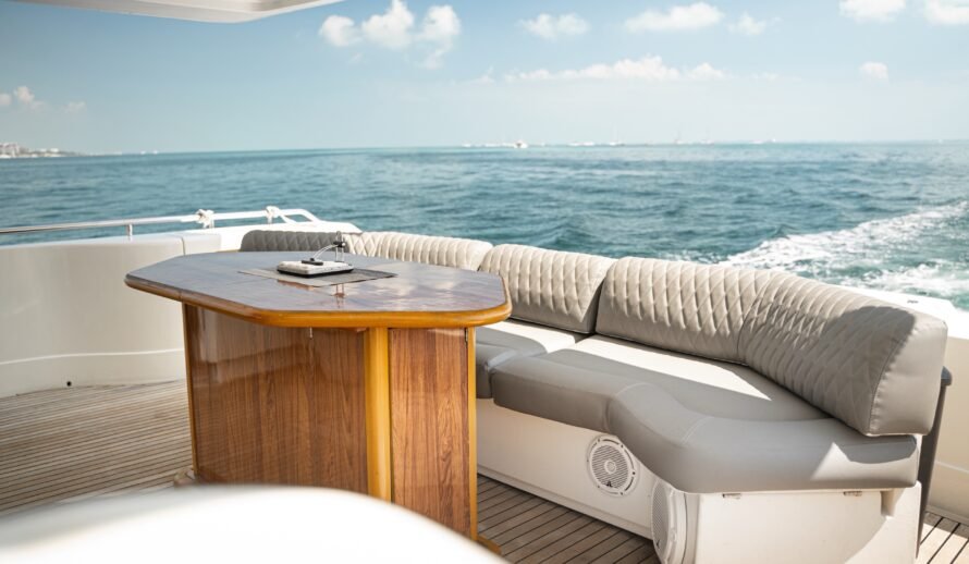 Ferretti 72 yacht outdoor lounge seating area in Cancun with sea view