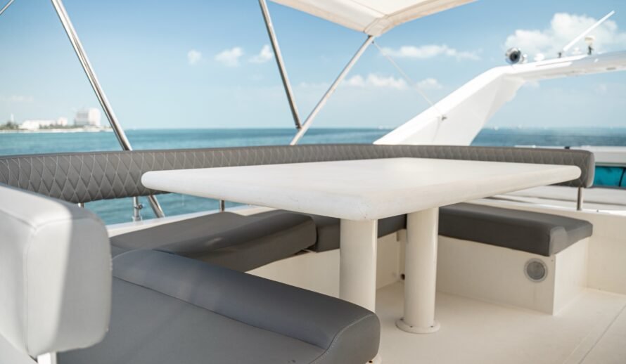 Ferretti 72 yacht flybridge dining area in Cancun with ocean view