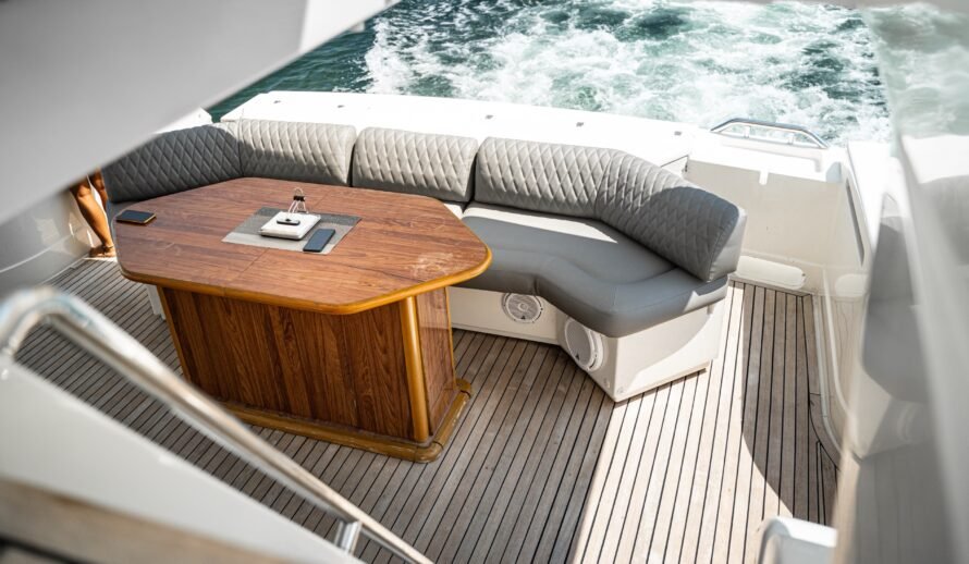 Ferretti 72 yacht cockpit seating with table in Cancun Caribbean