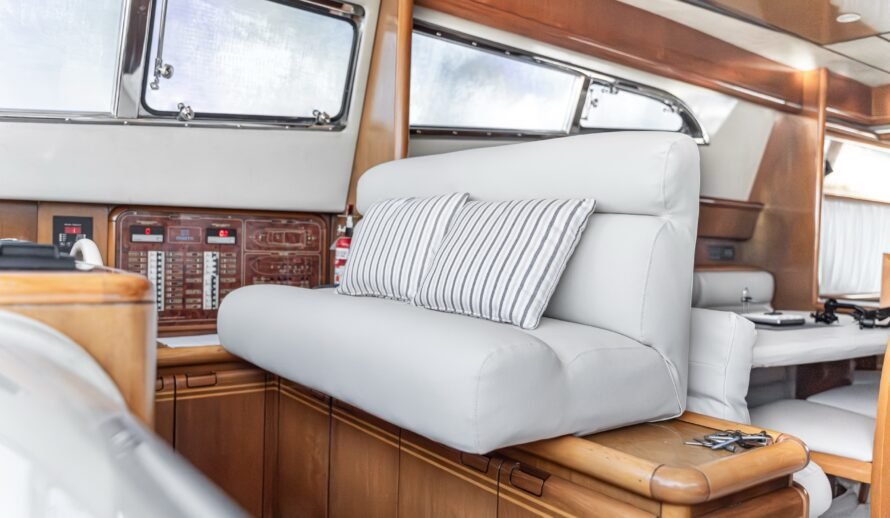 Ferretti 72 yacht interior salon seating area in Cancun luxury yacht