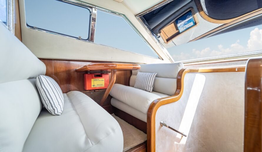 Ferretti 72 yacht interior lounge area with seating in Cancun