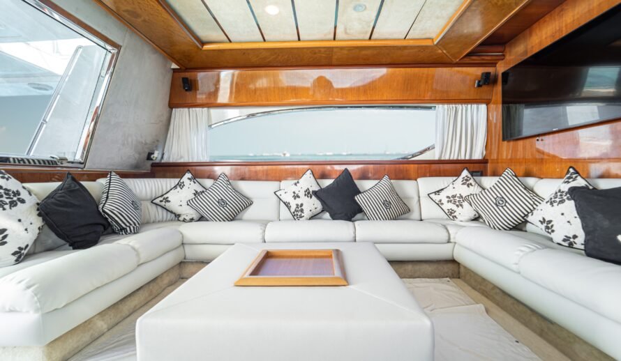 Ferretti 72 yacht salon sofa seating area in Cancun luxury interior
