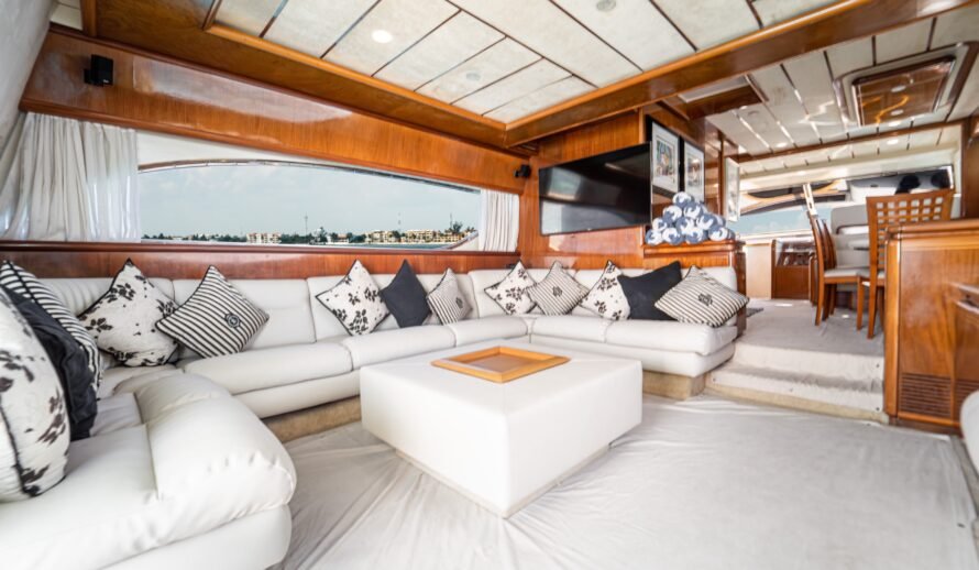 Ferretti 72 yacht luxury salon interior in Cancun with panoramic windows