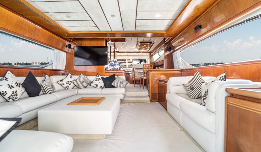 Ferretti 72 yacht spacious salon interior in Cancun luxury yacht