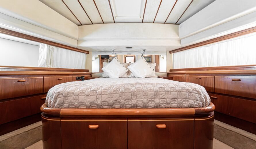 Ferretti 72 yacht master cabin interior in Cancun with large bed