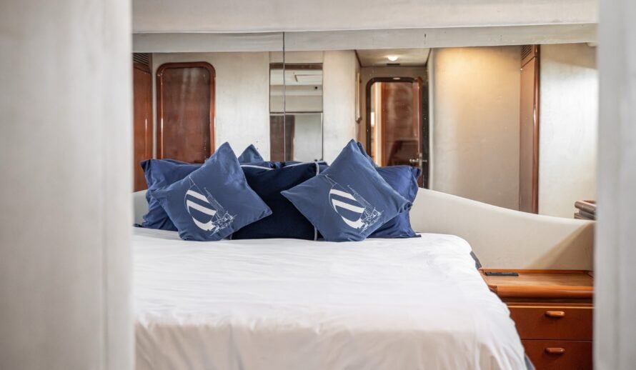 Ferretti 72 yacht bedroom interior in Cancun with comfortable double bed