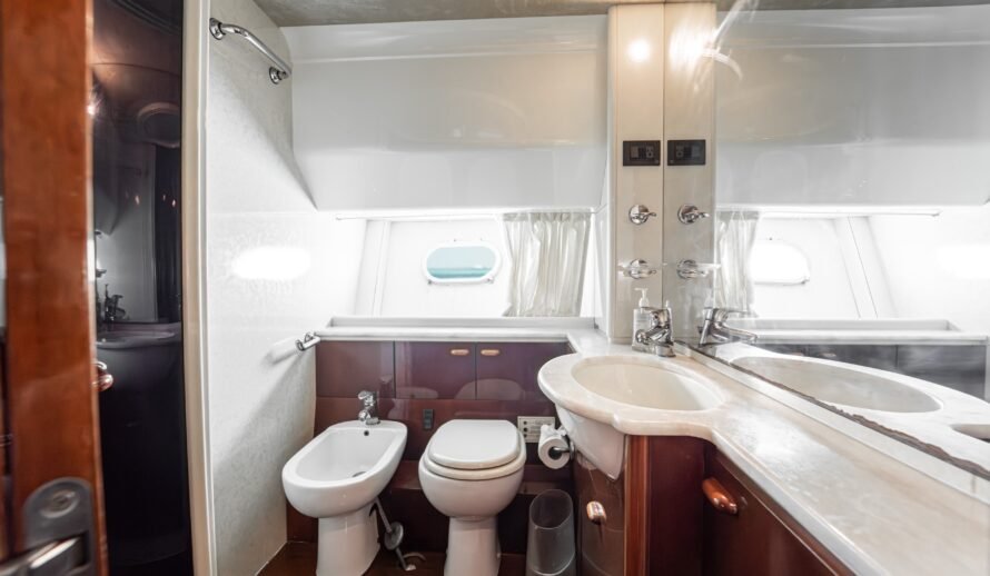 Ferretti 72 yacht bathroom interior in Cancun with shower and sink